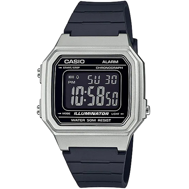 【CASIO 卡西歐】復古金屬感數位電子腕錶/黑x銀框(W-217HM-7BVDF)