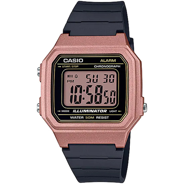 【CASIO 卡西歐】復古金屬感數位電子腕錶/黑x玫瑰金框(W-217HM-5AVDF)