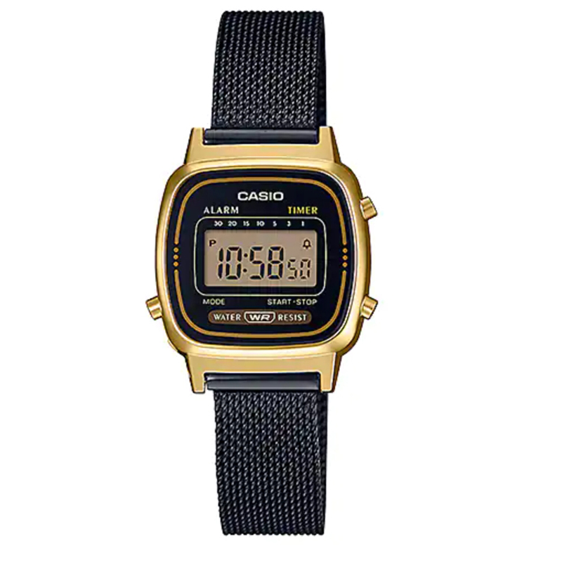 【CASIO】卡西歐 復古方形 米蘭錶帶 數字電子錶 LA-670WEMB-1 黑/金