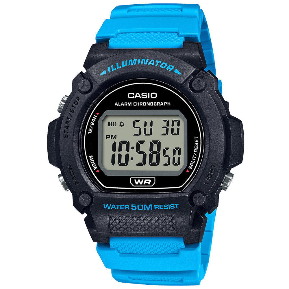 【CASIO 卡西歐】潮流復古圓形數位橡膠腕錶/藍x黑框(W-219H-2A2VDF)