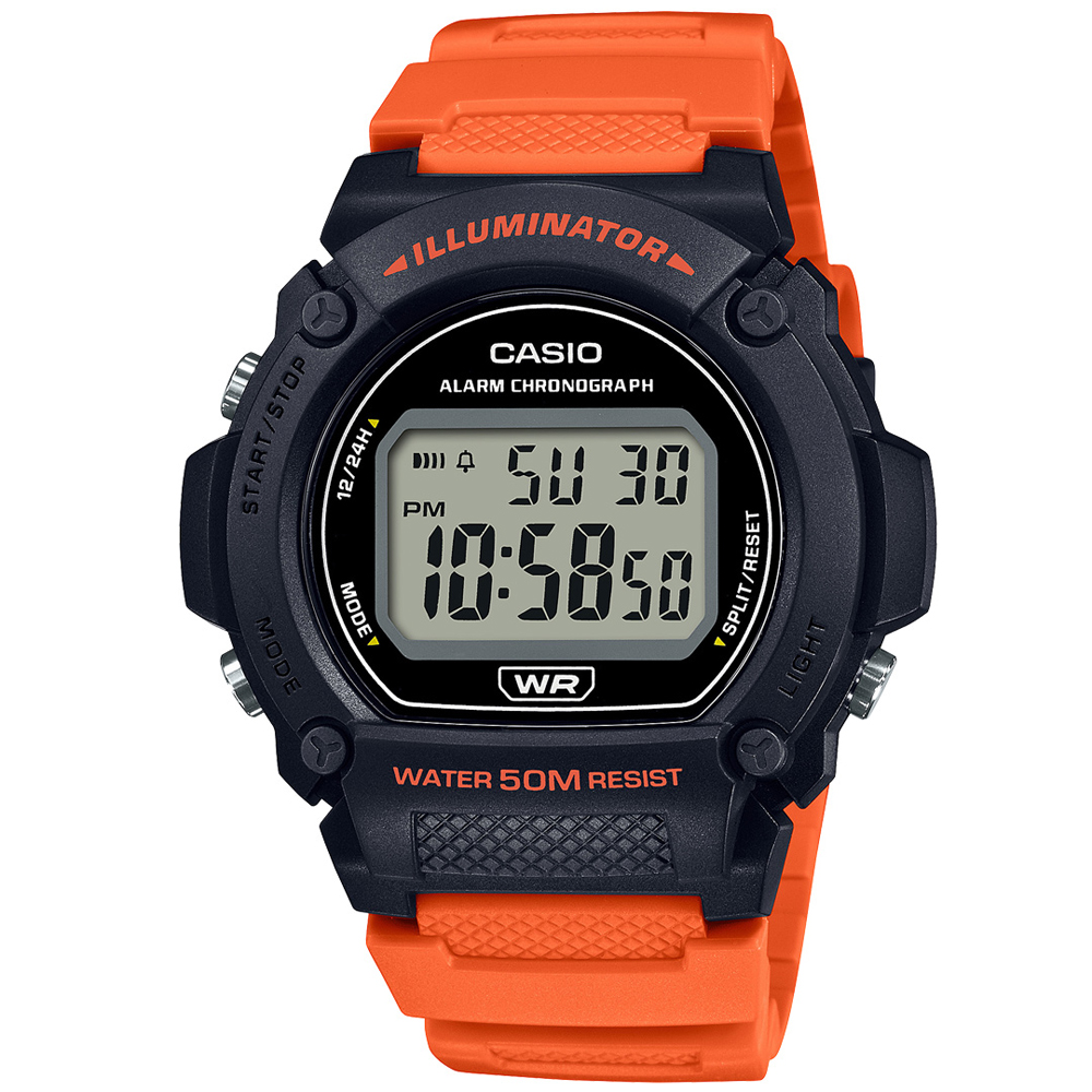 【CASIO 卡西歐】潮流復古圓形數位橡膠腕錶/橘x黑框(W-219H-4AVDF)