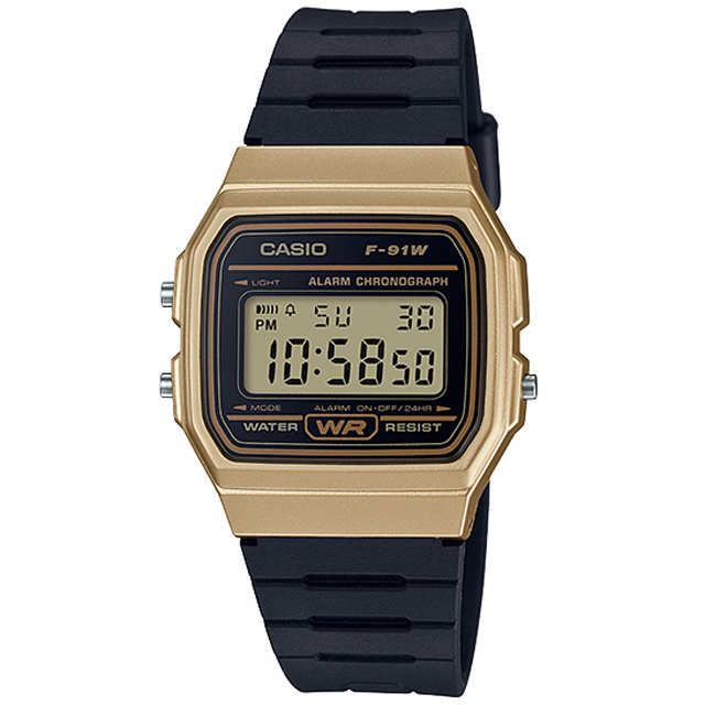【CASIO 卡西歐】數位顯示運動腕錶-黑x金(F-91WM-9ADF)