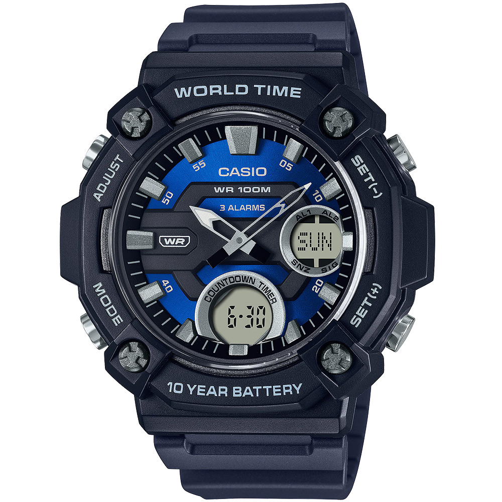 CASIO 卡西歐 10年電力 冒險精神 計時雙顯錶-黑x藍 AEQ-120W-2AV