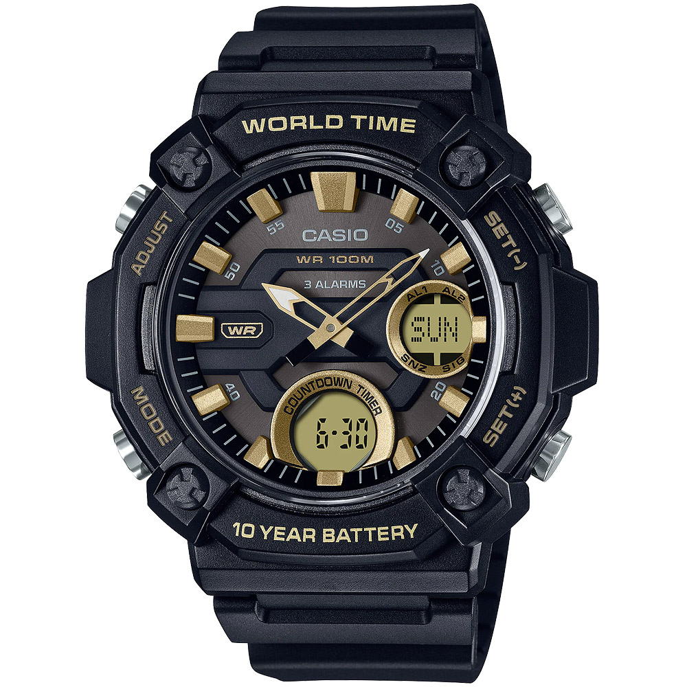 CASIO 卡西歐 10年電力 冒險精神 計時雙顯錶-黑x金 AEQ-120W-9AV