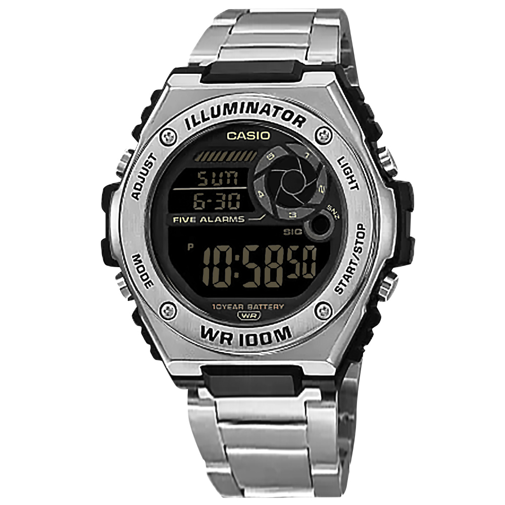 CASIO / MWD-100HD-1B / 卡西歐 運動 兩地時間 防水 電子數位 不鏽鋼手錶 黑x銀 51mm