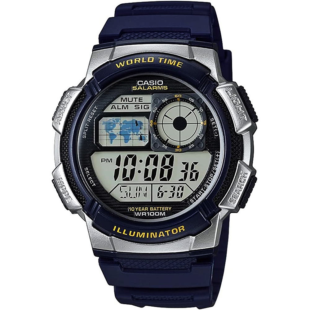 CASIO 卡西歐 多功能世界時間電子錶-藍銀 AE-1000W-2AV