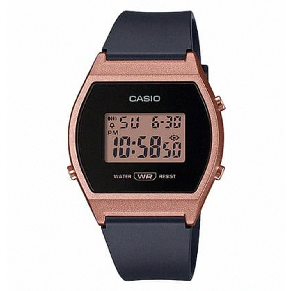 【CASIO 卡西歐】簡約電力數位樹脂腕錶/黑x古銅框(LW-204-1ADF)
