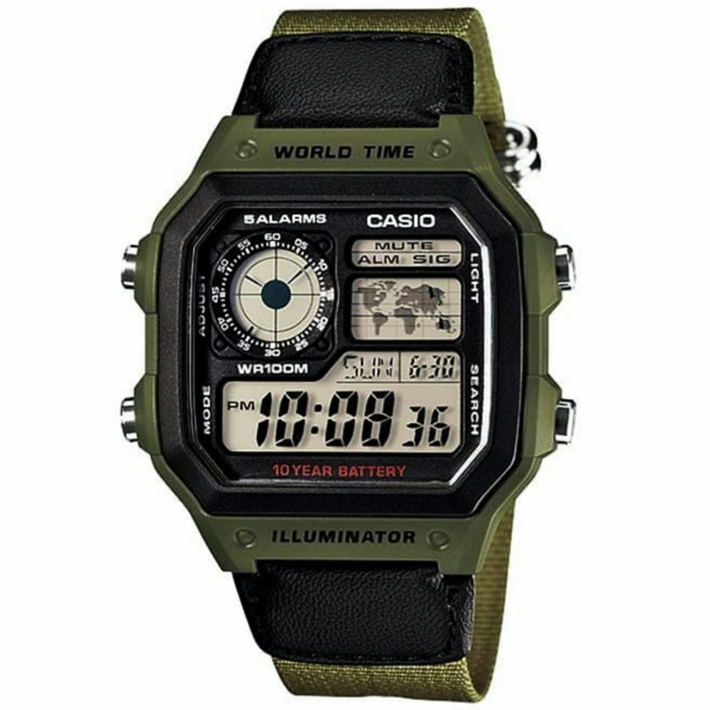 CASIO 卡西歐 10年電力 多功能軍風電子錶-軍綠 AE-1200WHB-3B