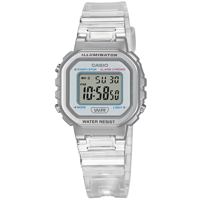 CASIO / LA-20WHS-7A / 卡西歐 輕薄方形 LED 計時碼錶 鬧鈴 橡膠手錶 半透明白色 29mm