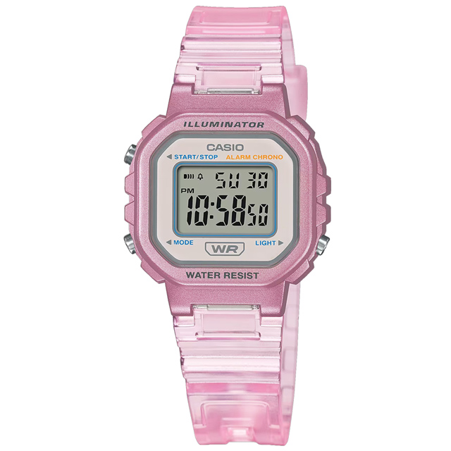 CASIO / LA-20WHS-4A / 卡西歐 輕薄方形 LED 計時碼錶 鬧鈴 橡膠手錶 半透明粉色 29mm