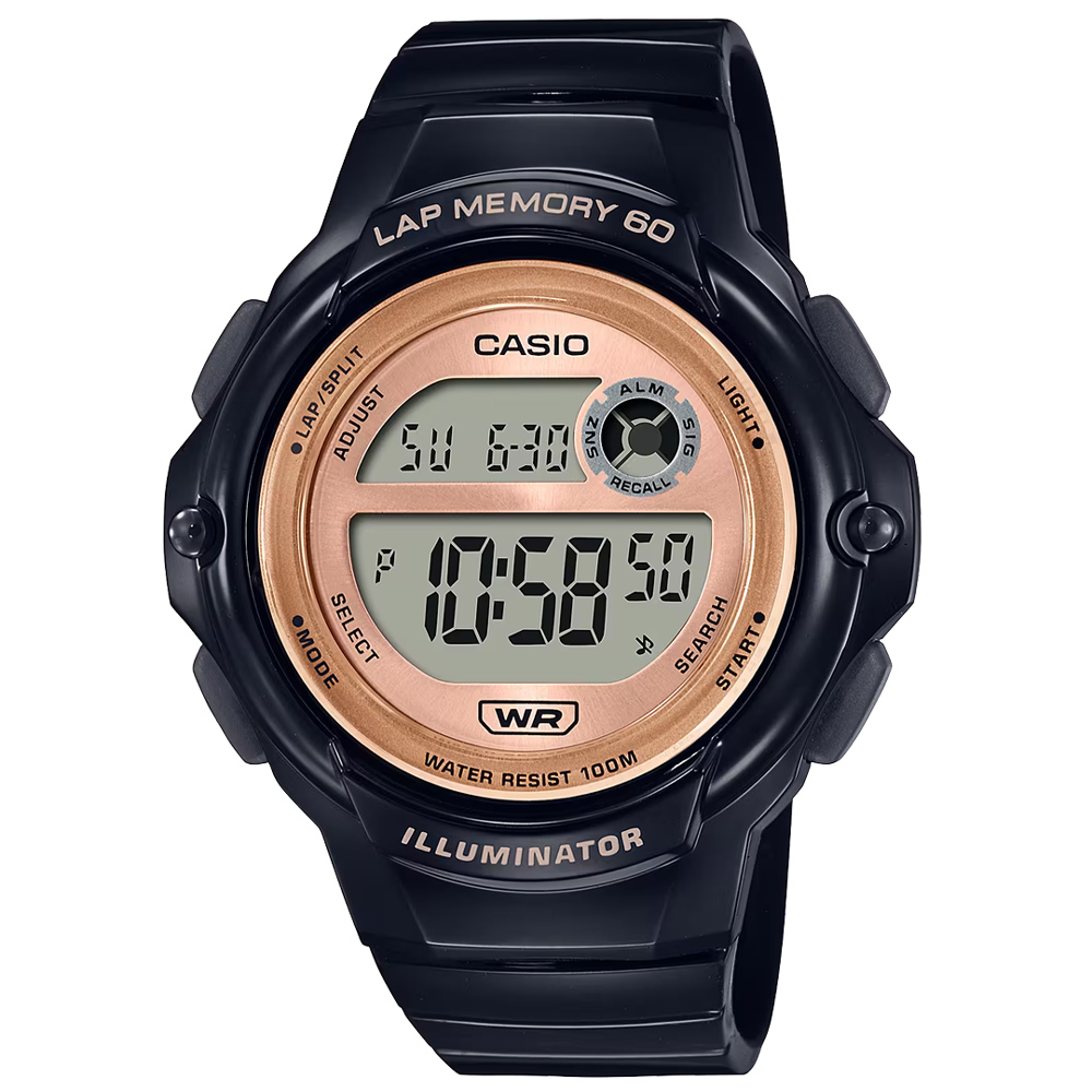 【CASIO 卡西歐】簡約數位電子橡膠運動腕錶/黑x玫瑰金面(LWS-1200H-1A)