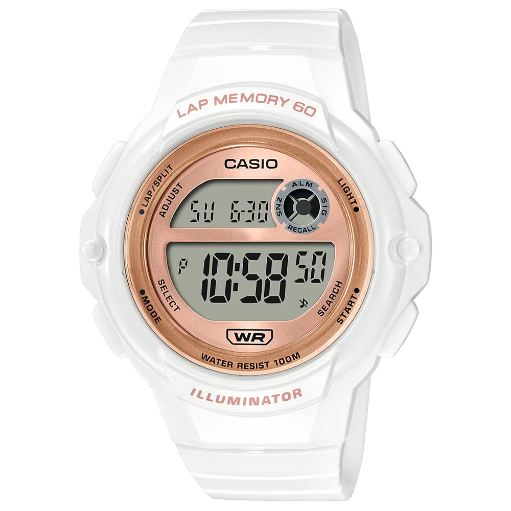 【CASIO 卡西歐】簡約數位電子橡膠運動腕錶/白x玫瑰金框(LWS-1200H-7A2)