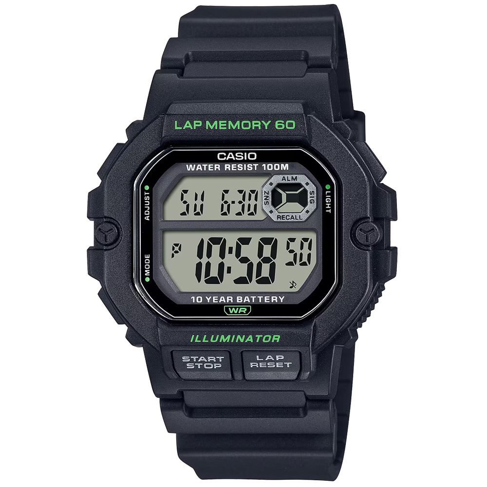 【CASIO 卡西歐】方形運動時尚數位電子橡膠腕錶/黑(WS-1400H-1A)