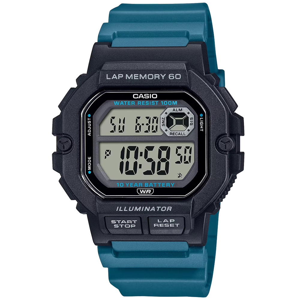 【CASIO 卡西歐】方形運動時尚數位電子橡膠腕錶/藍綠x黑框(WS-1400H-3A)