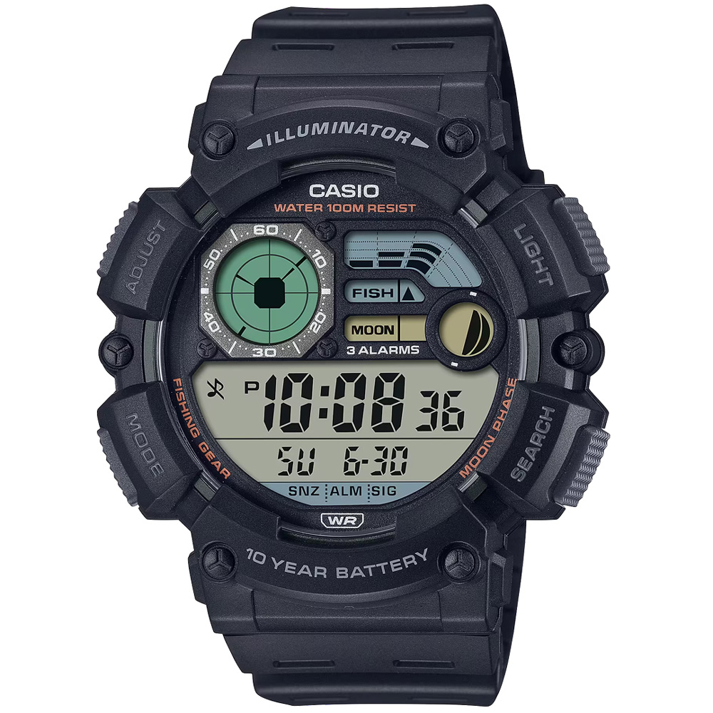 【CASIO 卡西歐】圓形獨特簡約數位電子橡膠運動腕錶/黑(WS-1500H-1A)