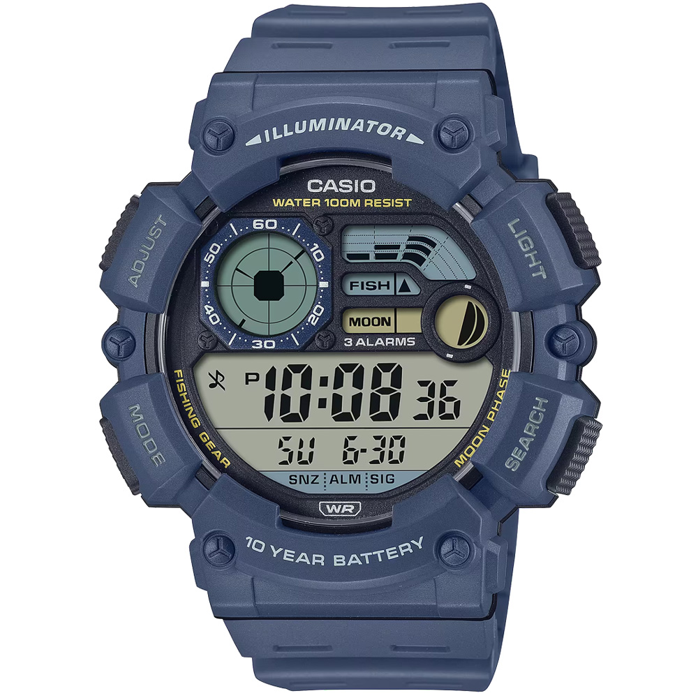 【CASIO 卡西歐】圓形獨特簡約數位電子橡膠運動腕錶/藍(WS-1500H-2A)