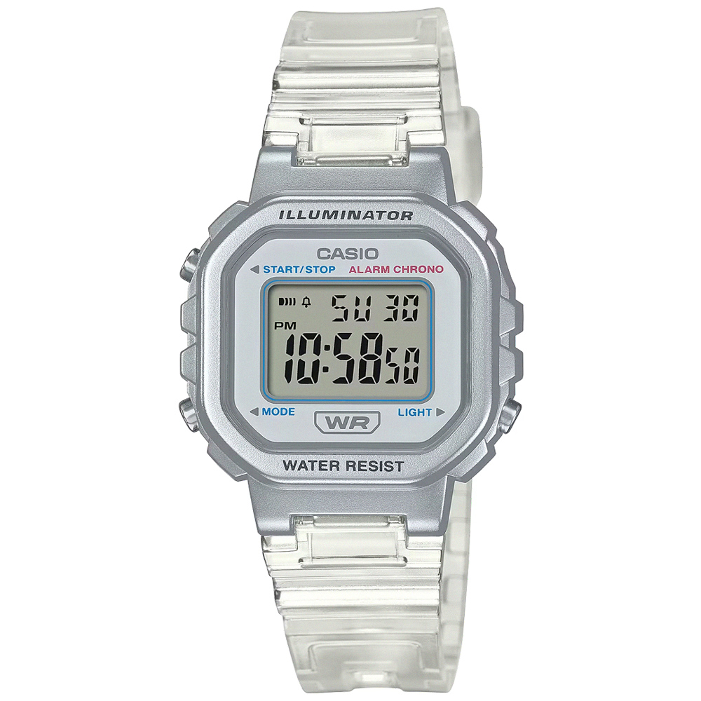 【CASIO 卡西歐】半透明輕巧活潑復古方型電子腕錶/白x銀框(LA-20WHS-7A)