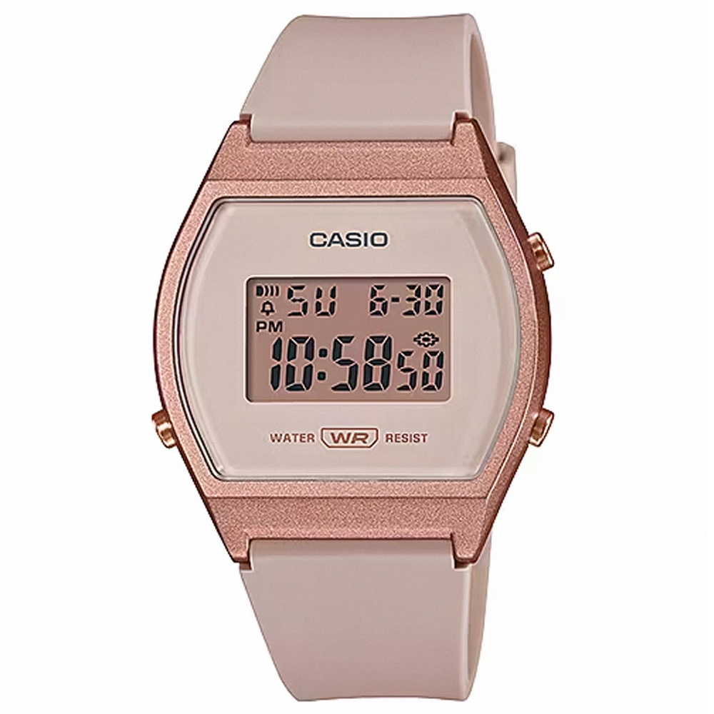 【CASIO 卡西歐】簡約電力數位樹脂腕錶/裸粉x古銅框(LW-204-4A)