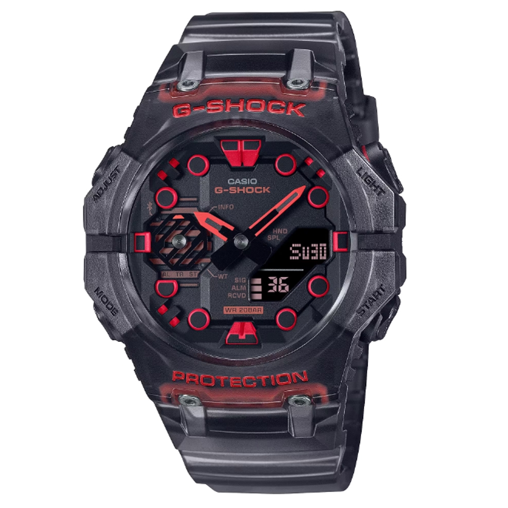 CASIO 卡西歐 G-SHOCK 藍牙連線 時尚錶圈雙顯腕錶46mm /GA-B001G-1A 黑紅 半透明