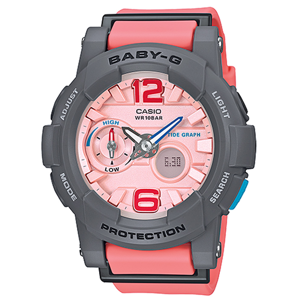 BABY-G 極限運動女孩衝浪板造型概念錶(BGA-180-4B2)-粉橘色x粉面/44mm
