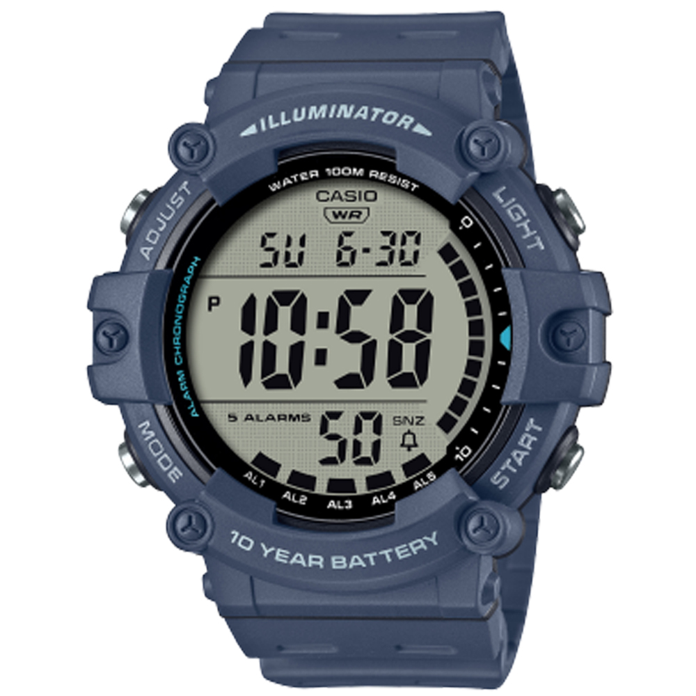 【CASIO 卡西歐】大數字顯示野營數位電子橡膠運動腕錶/藍(AE-1500WH-2A)