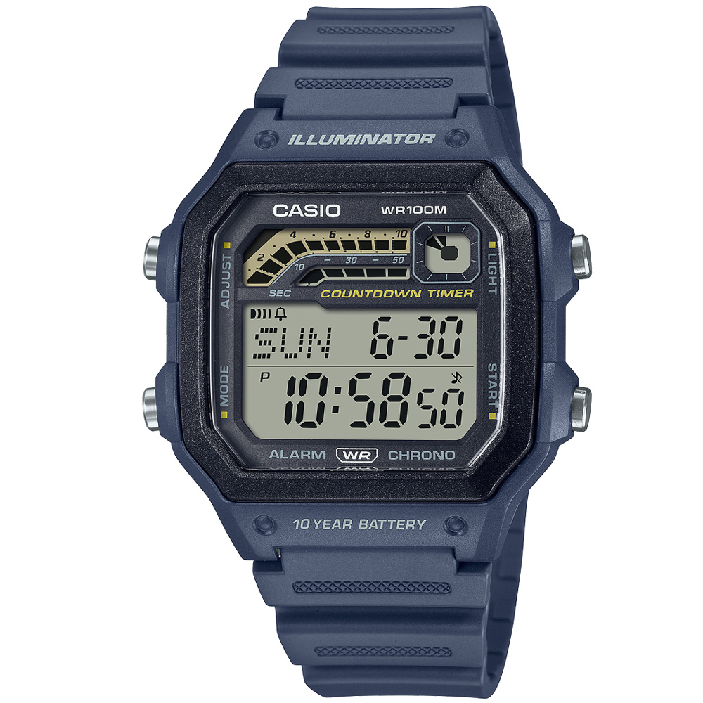 【CASIO 卡西歐】方形簡約潮流數位電子腕錶/藍(WS-1600H-2A)