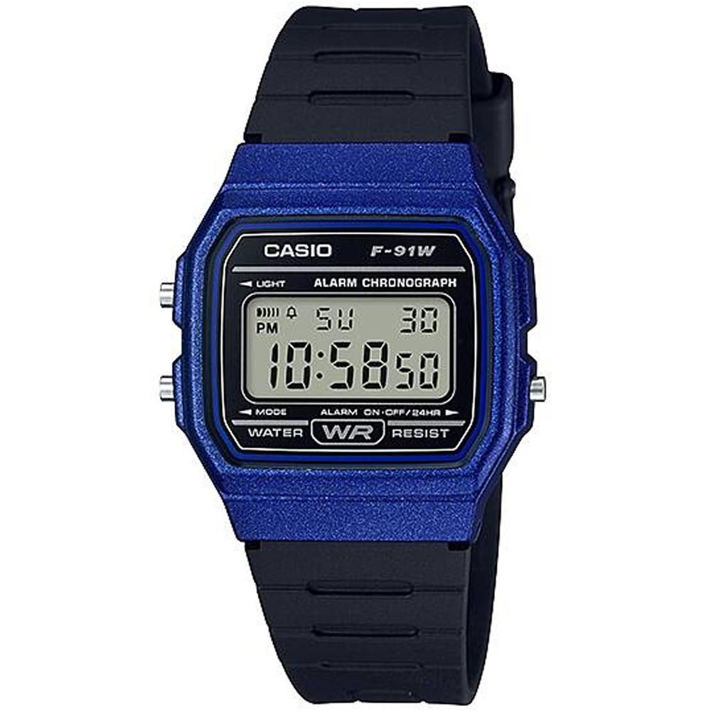 【CASIO 卡西歐】經典復古方形時尚數位錶/黑x藍框(F-91WM-2A)