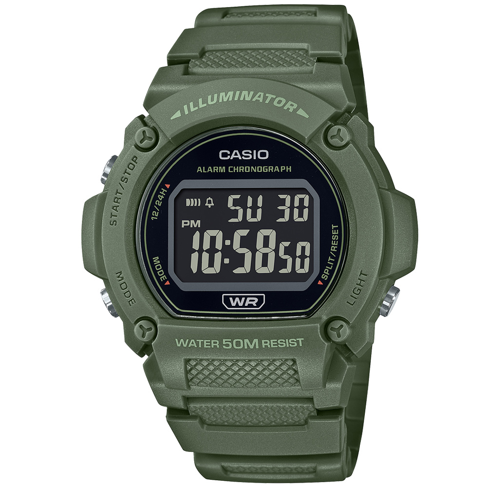 【CASIO 卡西歐】簡約百搭圓形數位腕錶/軍綠(W-219HC-3B)