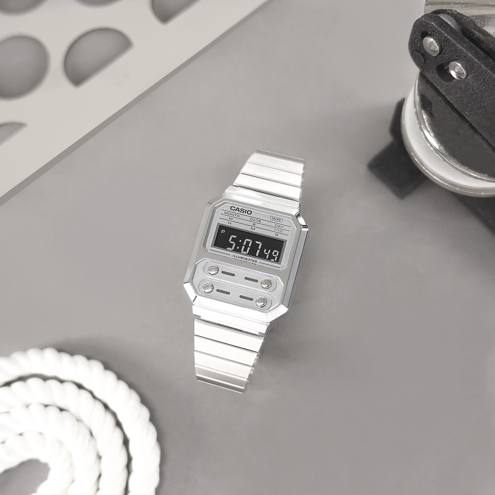 CASIO / A100WE-7B / 卡西歐 復古方型 計時碼錶 電子數位 不鏽鋼手錶 灰銀色 33mm