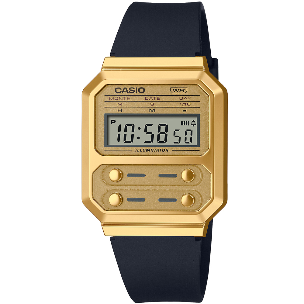 【CASIO 卡西歐】復古黑金數位電子樹脂腕錶/黑x金框(A100WEFG-9A)