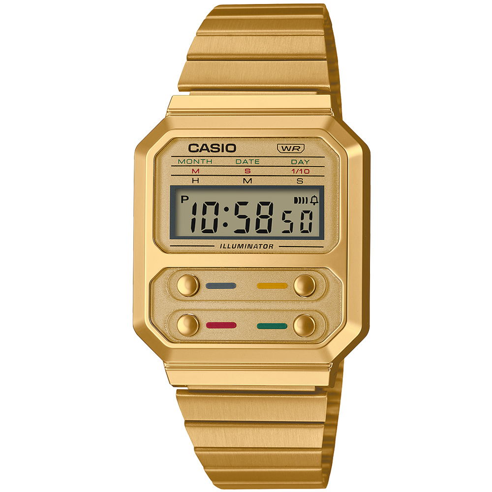 【CASIO 卡西歐】復古之光數位電子不鏽鋼腕錶/金(A100WEG-9A)