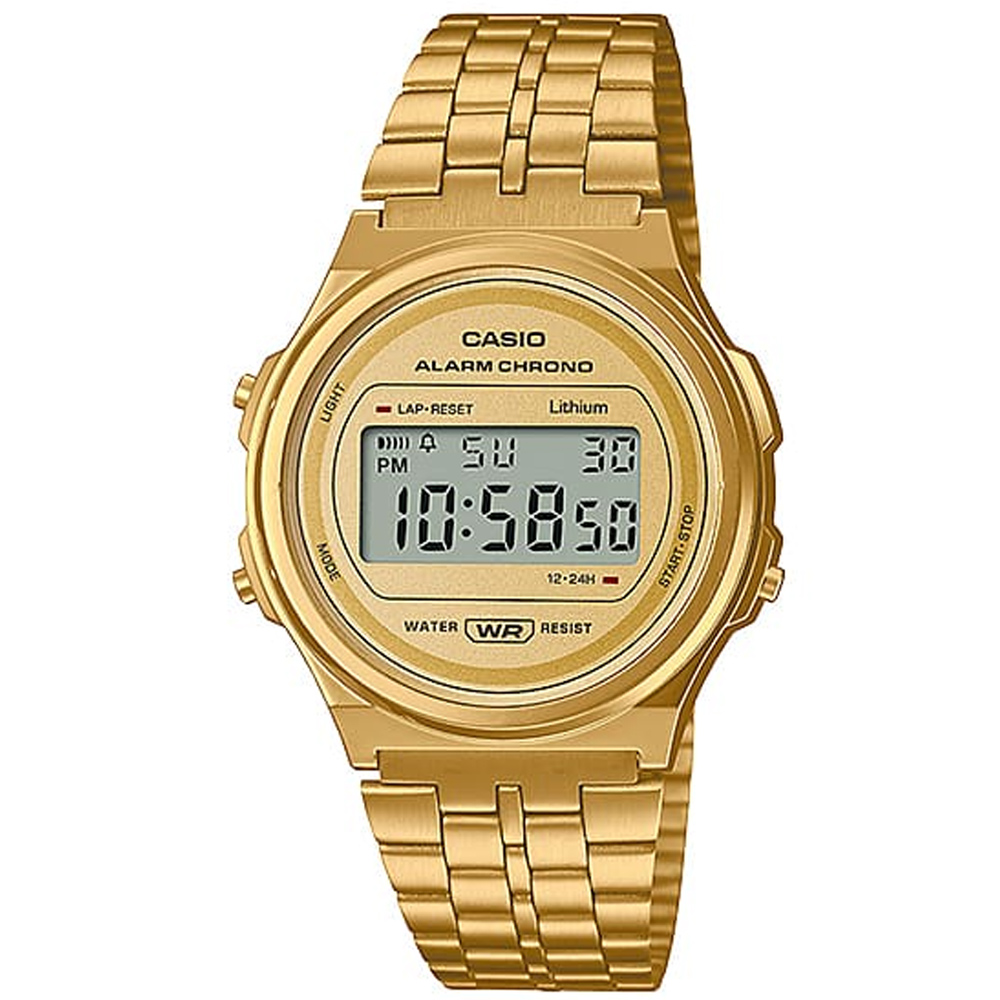 【CASIO 卡西歐】復古懷舊數位電子不鏽鋼腕錶/金(A171WEG-9A)