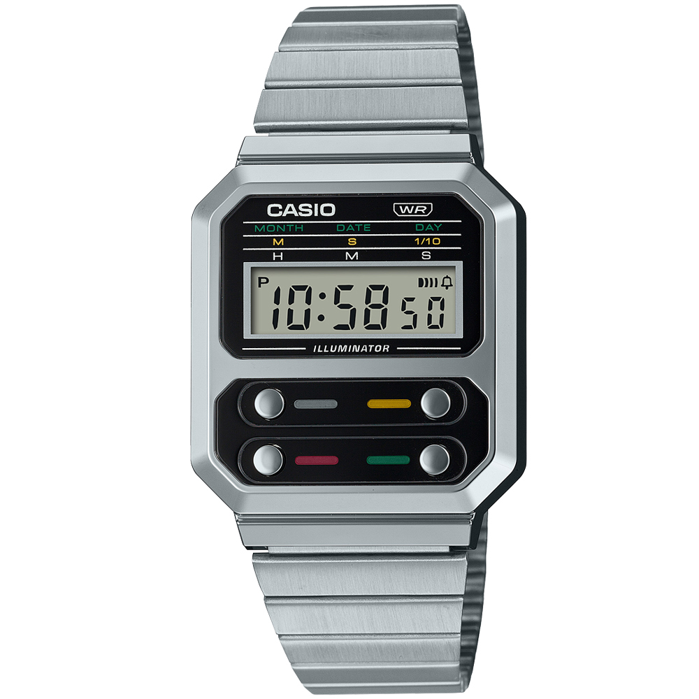 【CASIO 卡西歐】復古時光數位電子不鏽鋼腕錶/銀x黑面(A100WE-1A)