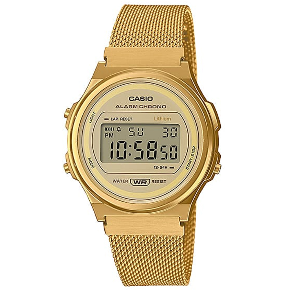 【CASIO 卡西歐】復古懷舊數位電子不鏽鋼米蘭腕錶/金(A171WEMG-9A)