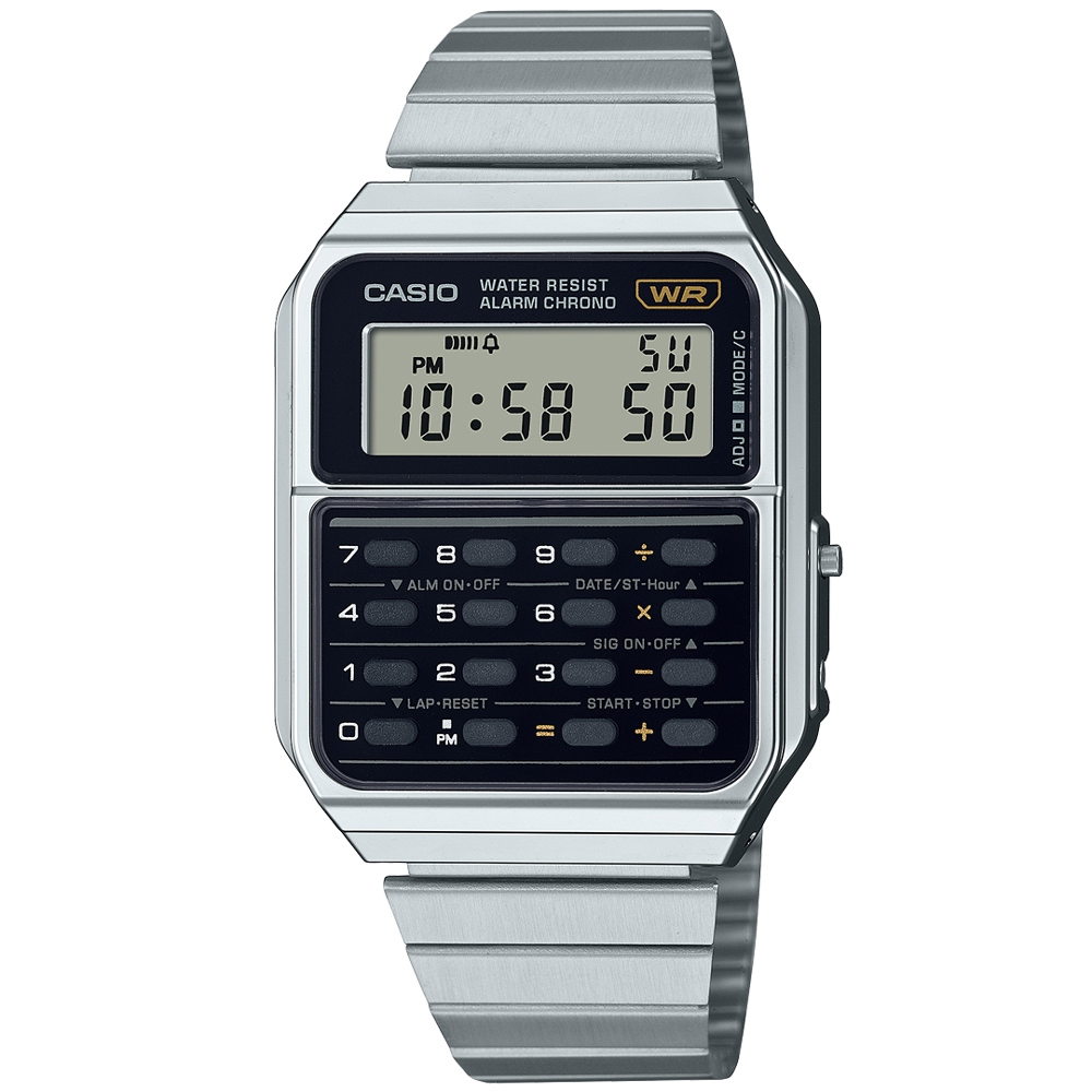 【CASIO 卡西歐】商務幫手計算機不鏽鋼腕錶/銀x黑面(CA-500WE-1A)