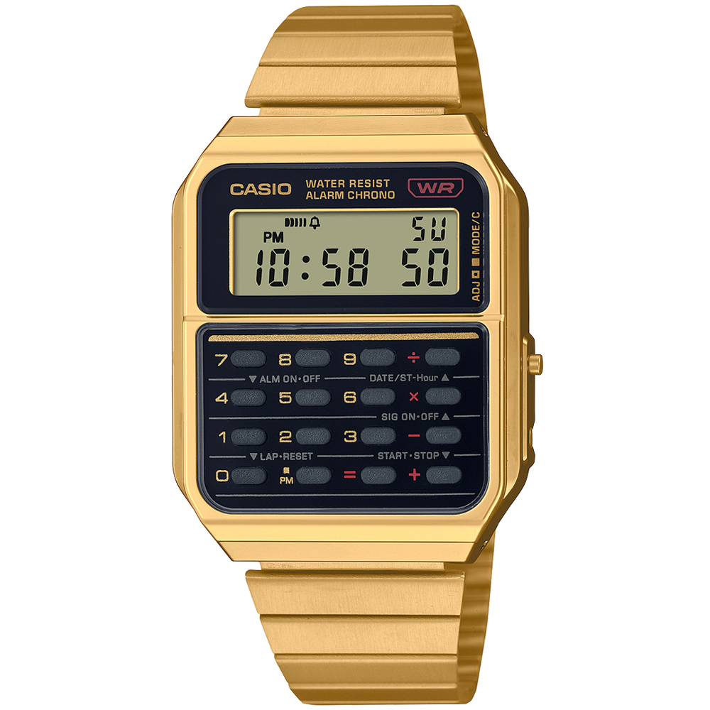 【CASIO 卡西歐】復古商務幫手計算機不鏽鋼腕錶/金x黑面(CA-500WEG-1A)