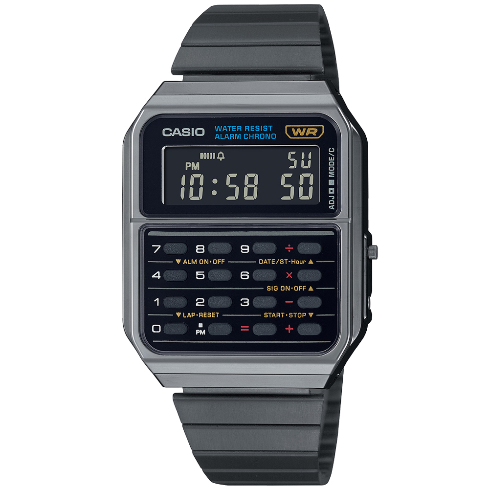 【CASIO 卡西歐】潮流商務幫手計算機不鏽鋼腕錶/黑x灰框(CA-500WEGG-1B)
