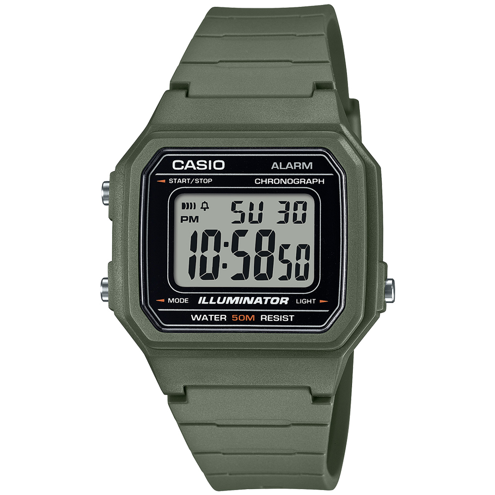 【CASIO 卡西歐】方形休閒簡約數位電子腕錶/軍綠(W-217H-3A)