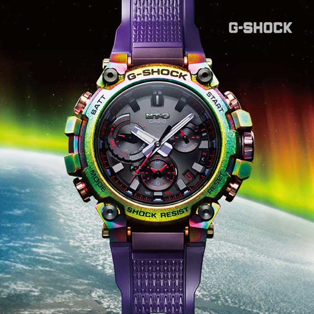 CASIO 卡西歐 G-SHOCK MTG北極光 太陽能智慧藍芽彩虹離子電波錶-彩紫(MTG-B3000PRB-1A)