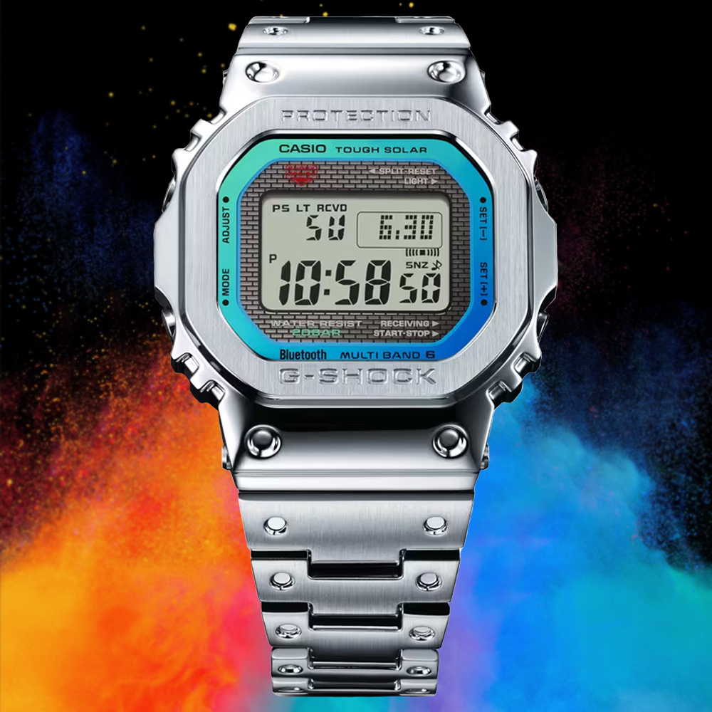 CASIO 卡西歐 G-SHOCK 彩虹光譜 太陽能智慧藍芽 全金屬方形電子錶-銀(GMW-B5000PC-1)