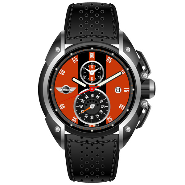 【MINI Swiss Watches 】石英錶 45mm 橘底黑條兩眼計時 黑色真皮錶帶