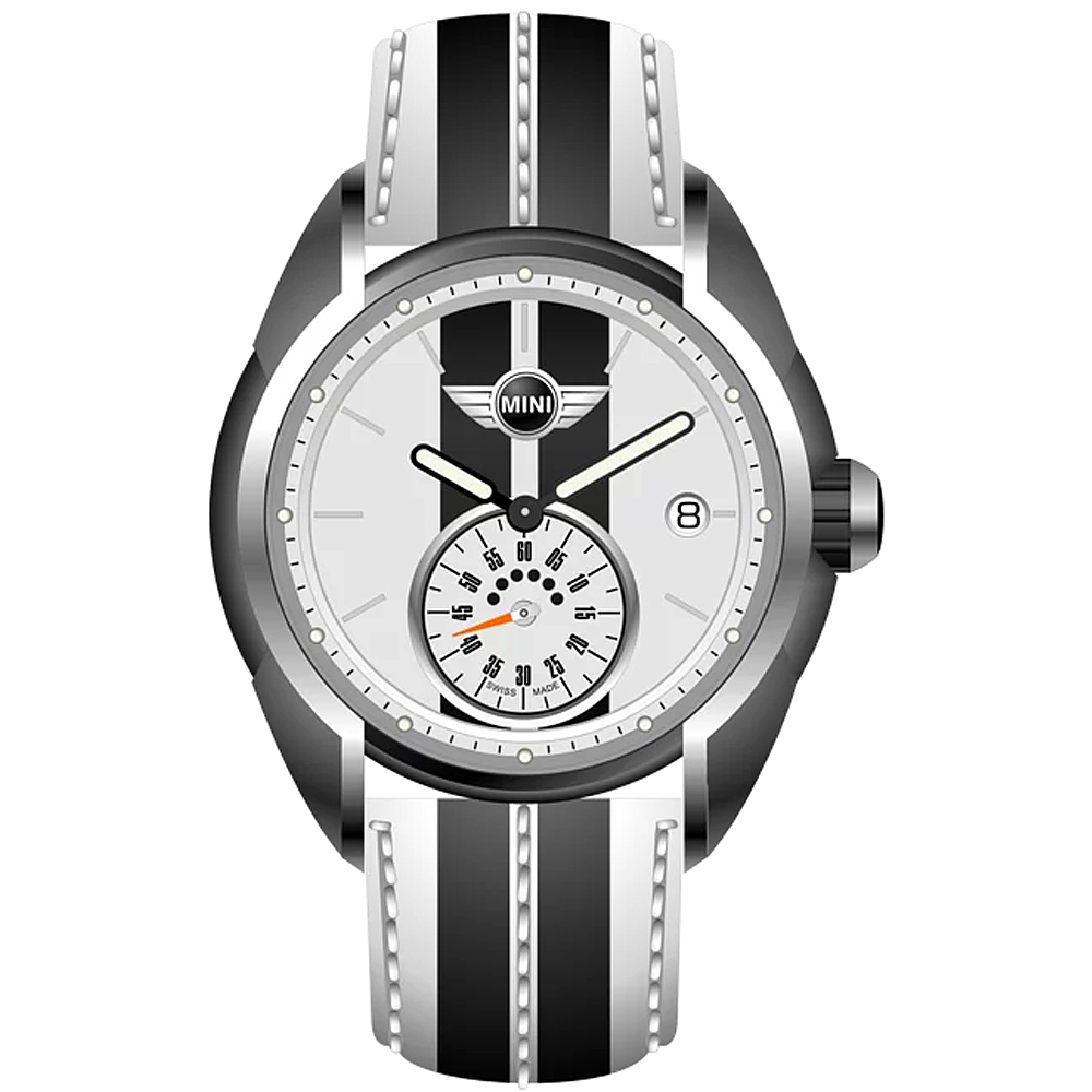【MINI Swiss Watches 】石英錶 38mm 黑白單眼錶面 黑白條紋真皮錶帶