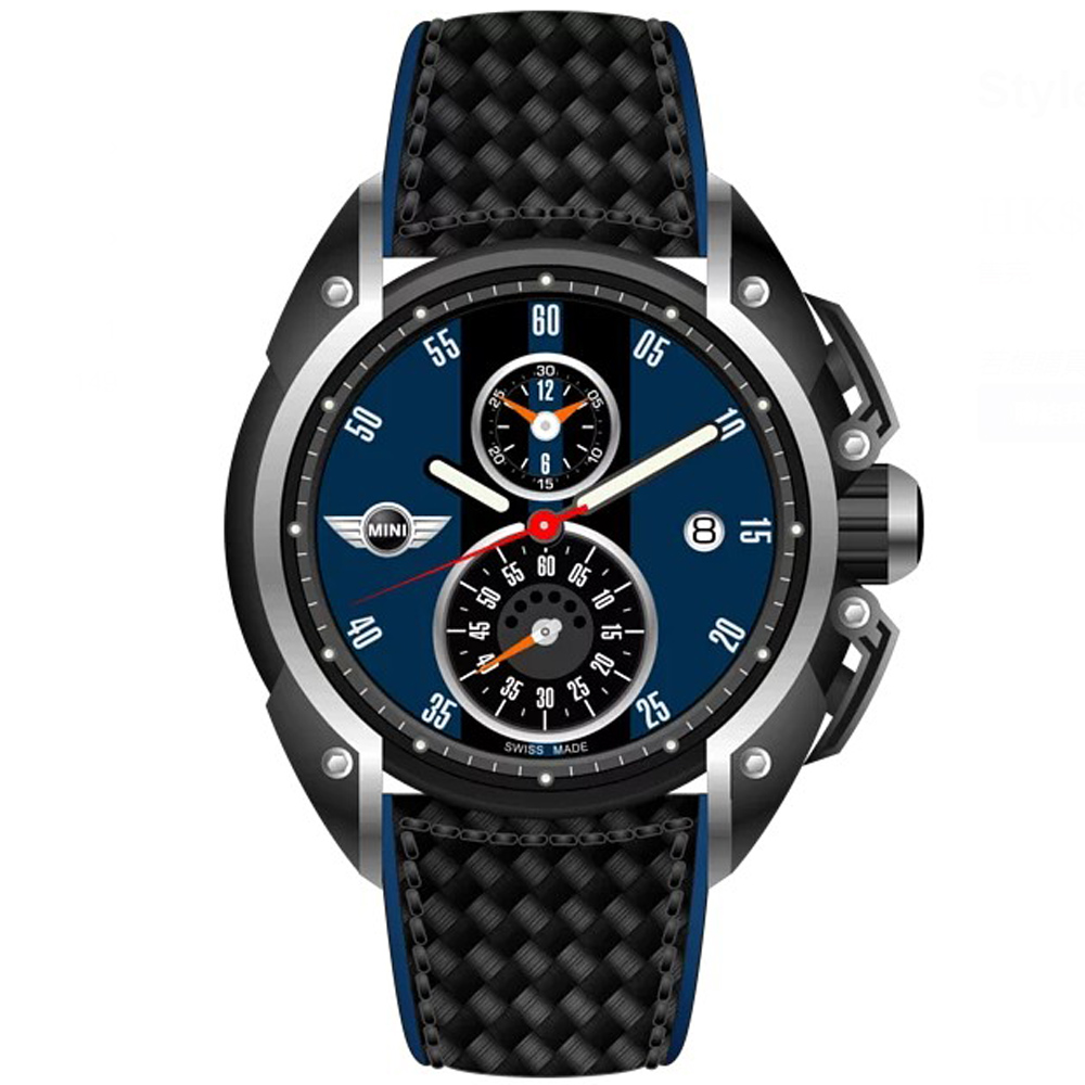 【MINI Swiss Watches 】石英錶 45mm 藍底黑條兩眼計時 黑色真皮錶帶