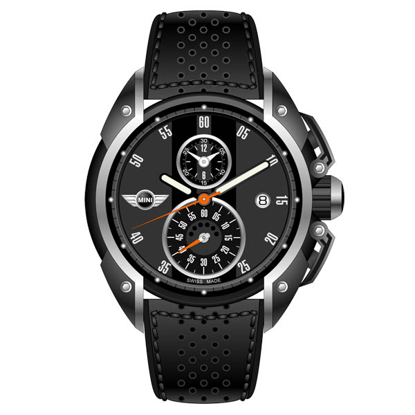 【MINI Swiss Watches 】石英錶 45mm 灰底黑條兩眼計時 黑色真皮錶帶