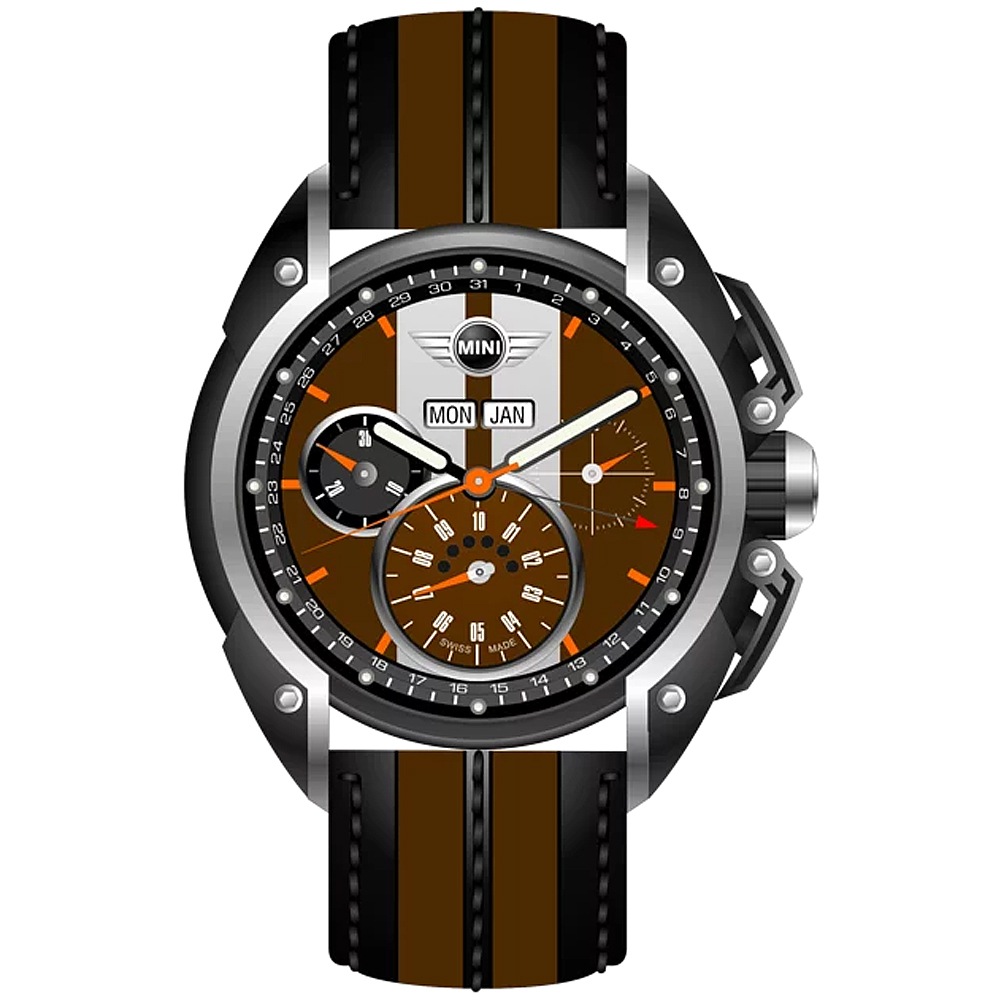 【MINI Swiss Watches 】石英錶 45mm 咖啡底灰條三眼計時 咖啡黑相間真皮錶帶