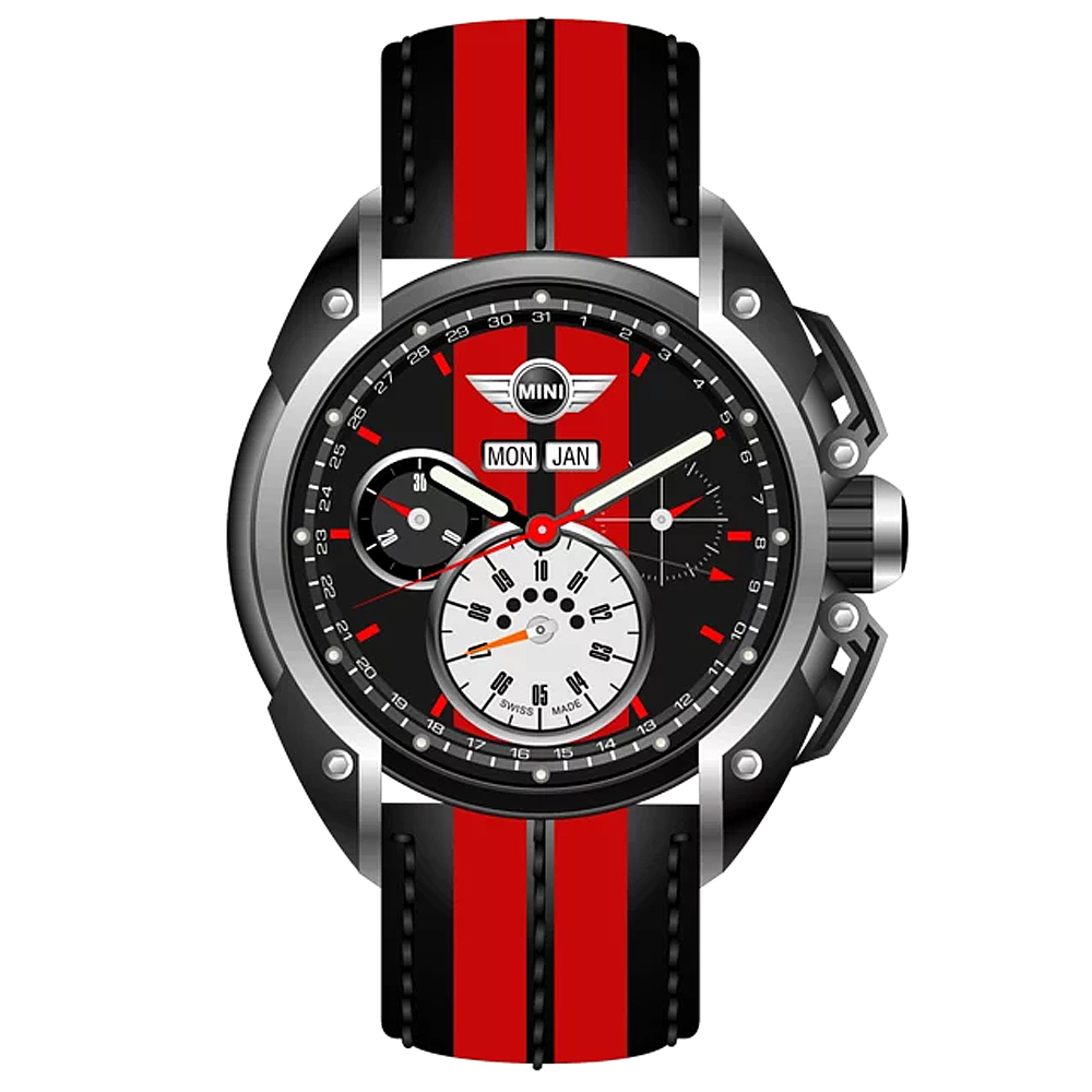 【MINI Swiss Watches 】石英錶 45mm 紅黑相間三眼錶面 紅黑條紋真皮錶帶