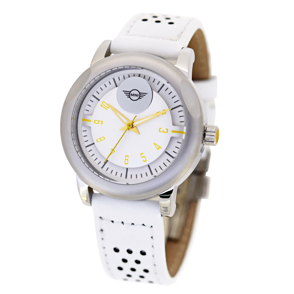 【MINI Swiss Watches 】石英錶 35mm 白色錶面 白色洞洞皮錶帶
