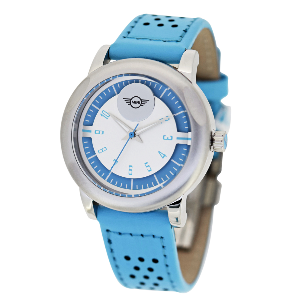 【MINI Swiss Watches 】石英錶 35mm 藍白雙色錶面 藍色洞洞皮錶帶