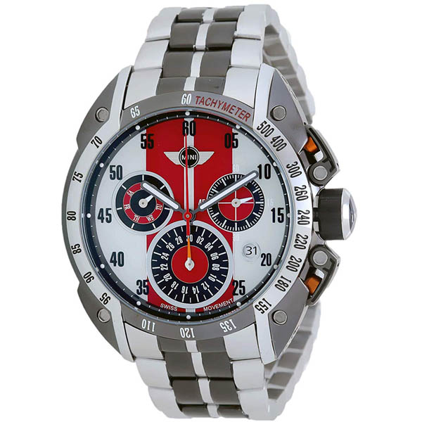 【MINI Swiss Watches 】石英錶 47mm 白紅三眼錶面 不銹鋼錶帶
