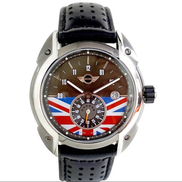【MINI Swiss Watches 】石英錶 45mm 黑底英倫旗單眼錶面 黑色透孔真皮錶帶